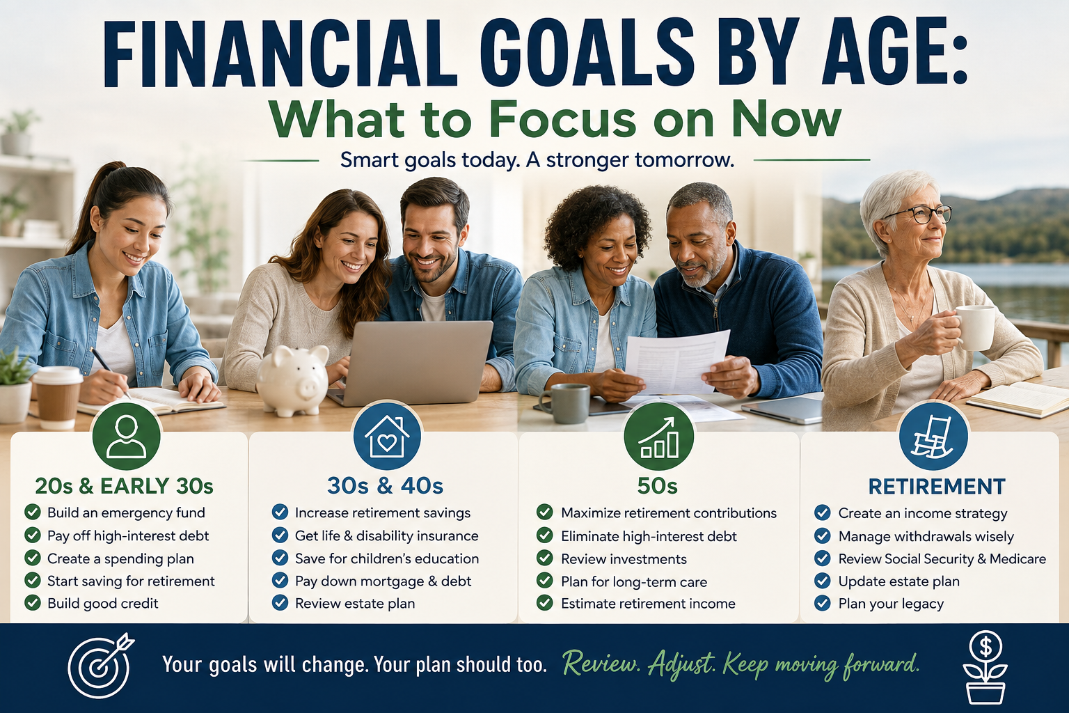 Five adults sit at a table with papers and mugs, under a chart listing financial goals for each life stage: 20s, 30s & 40s, 50s, and retirement, with brief tips to help achieve money wins at every step.