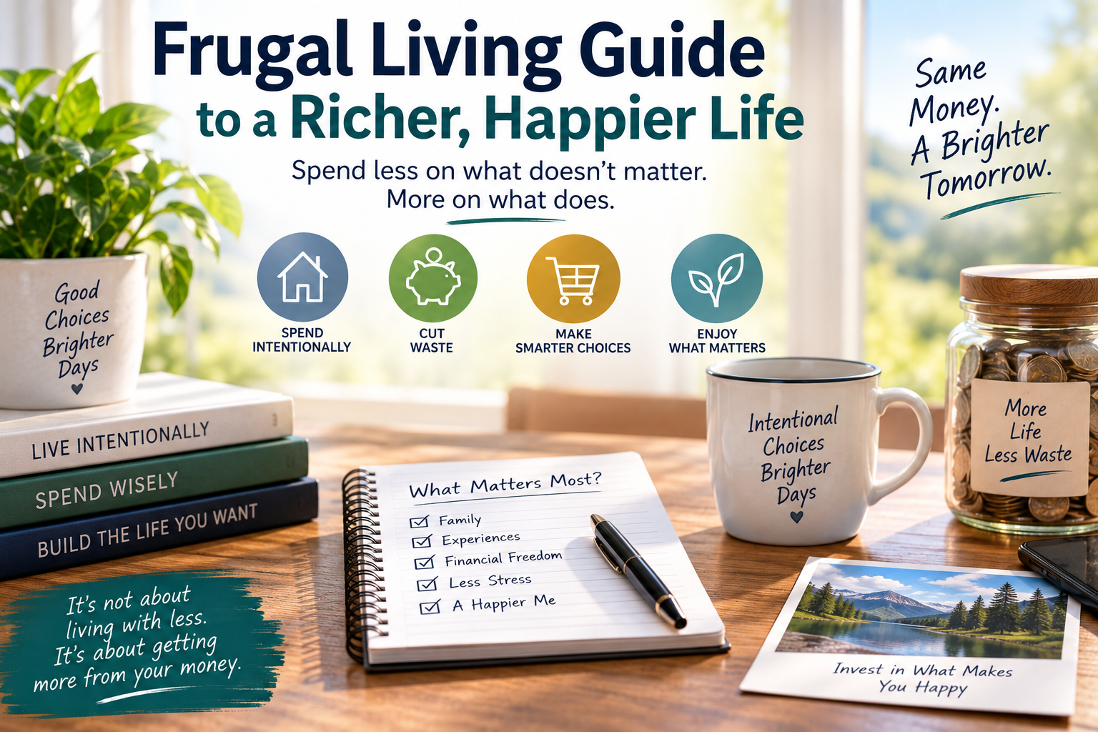 A desk with frugal living tips, a notepad listing values, a mug, plant, photos, and motivational signs encouraging intentional, money-wise choices for a happier, more meaningful life inspired by the principles of frugal living.