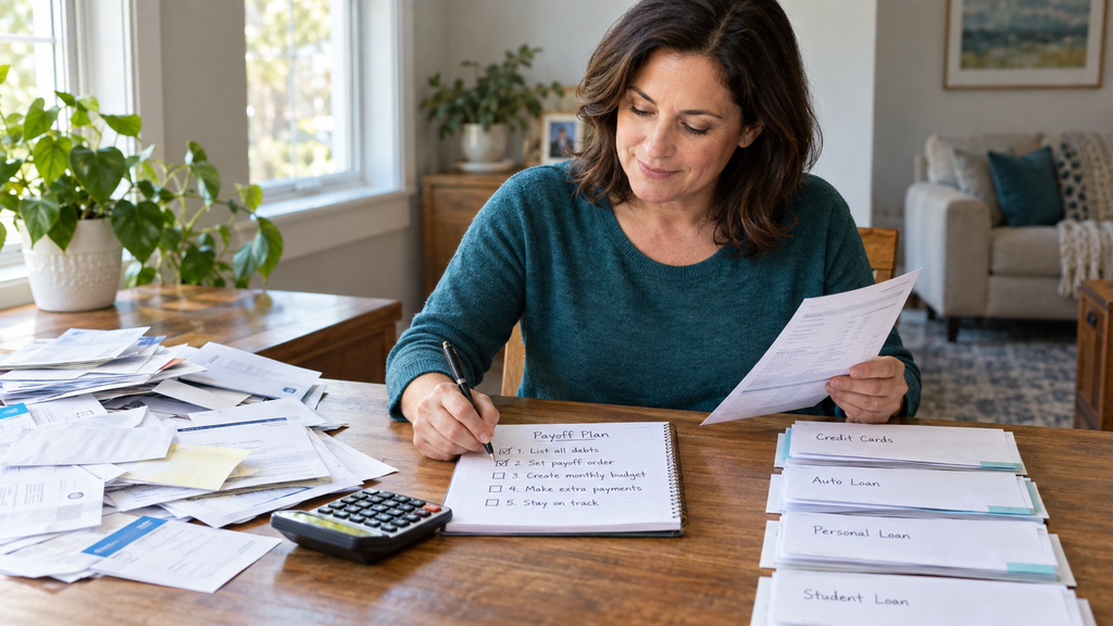 Woman sits at a table sorting bills and paperwork, writing a payoff plan checklist to help her get out of debt, with labeled folders and a calculator nearby.