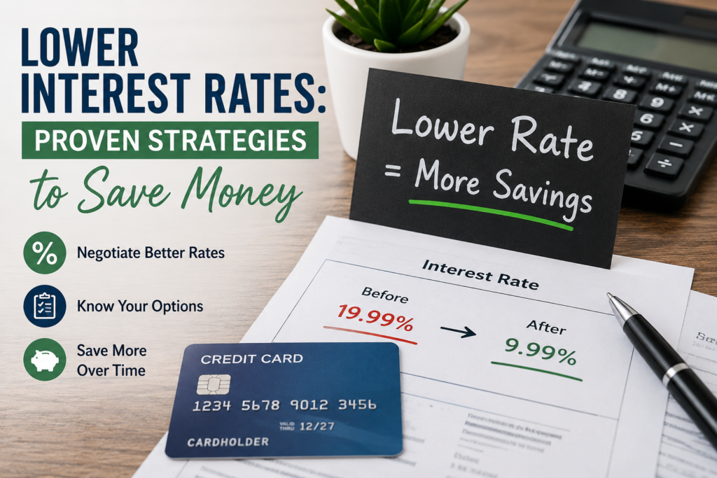 A table with a credit card, calculator, potted plant, and paperwork displaying interest rates reduction, highlighting proven strategies to unlock savings by lowering credit card interest rates.