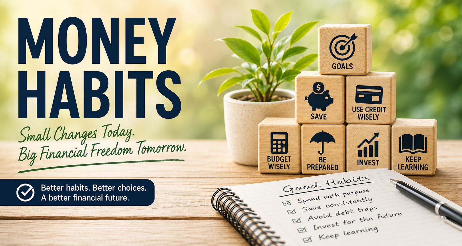 Stacked wooden blocks with financial tips like “Save,” “Invest,” and “Budget Wisely,” next to a notepad titled “Good Habits” with a checklist serve as visual reminders to develop strong money habits, while plants and a pen in the background symbolize growth and the importance of ending bad money habits.