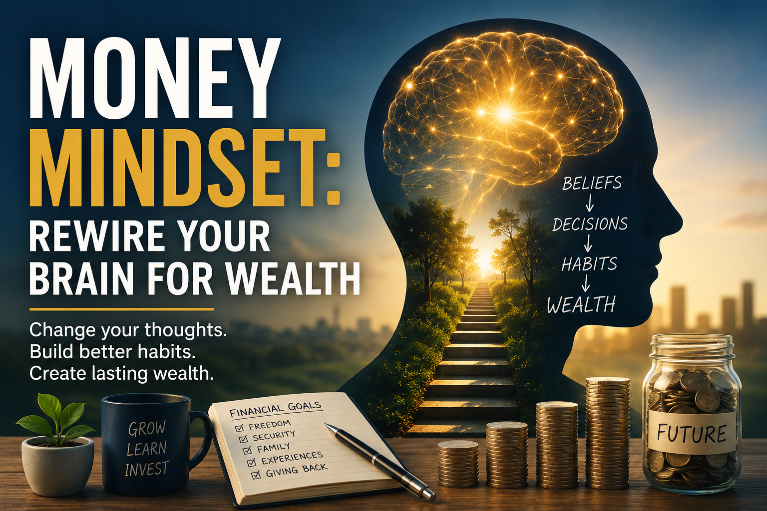 A graphic shows a silhouette with a brain made of lights, steps, coins, a notepad labeled “Financial Goals,” jars of coins, and text about rewiring your money mindset for wealth and building better habits.