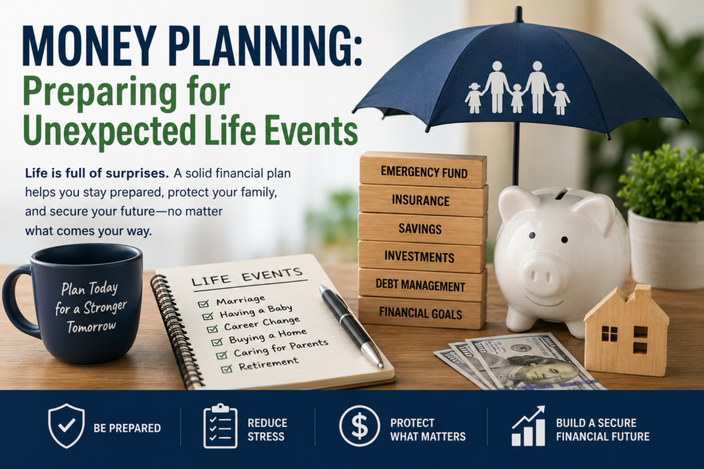 A desk with a piggy bank, money, and a notebook listing Life Events stands alongside an umbrella covering figures, surrounded by icons about being prepared and making Smart Money Moves to build a secure financial future.