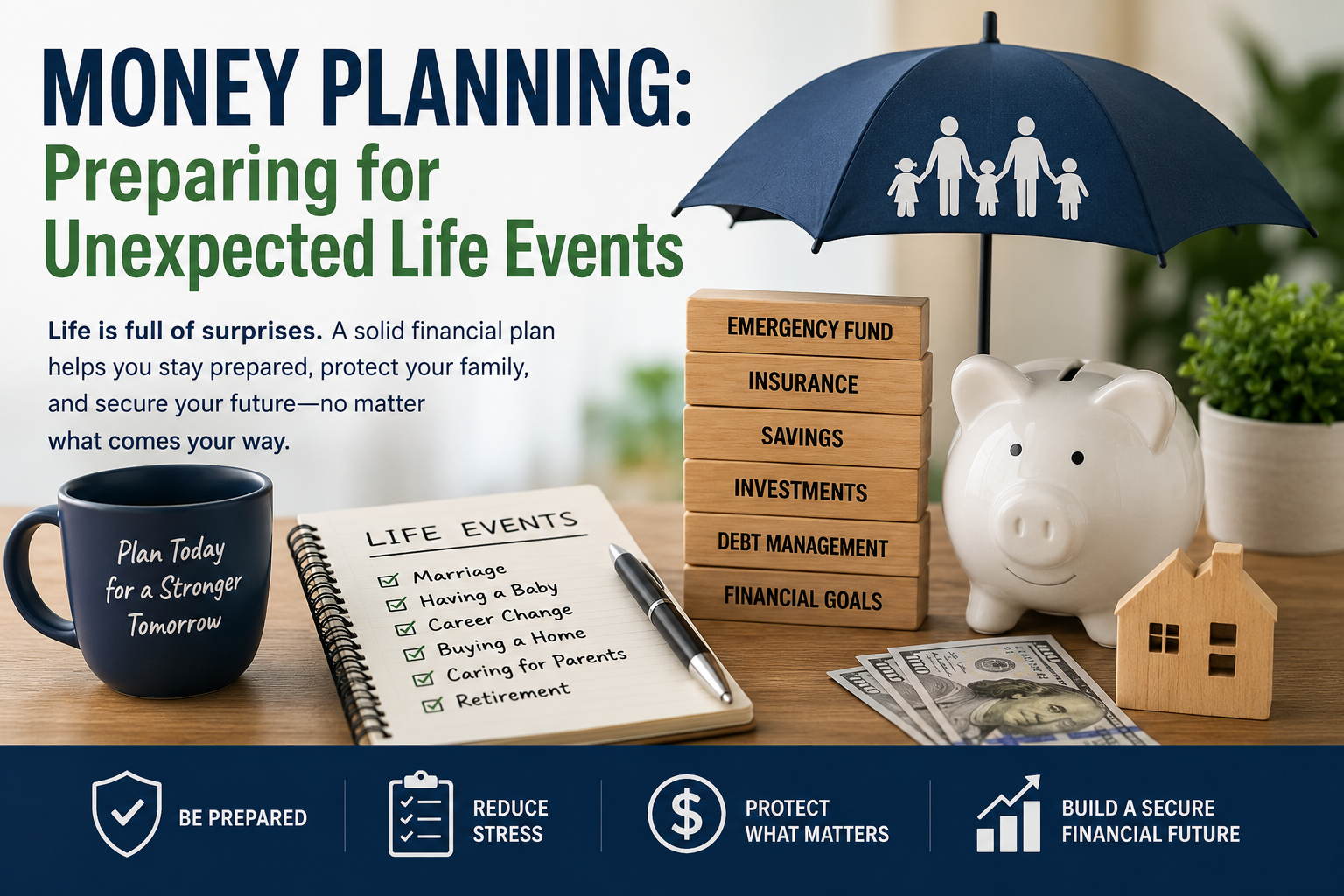 A desk with a piggy bank, money, and a notebook listing Life Events stands alongside an umbrella covering figures, surrounded by icons about being prepared and making Smart Money Moves to build a secure financial future.