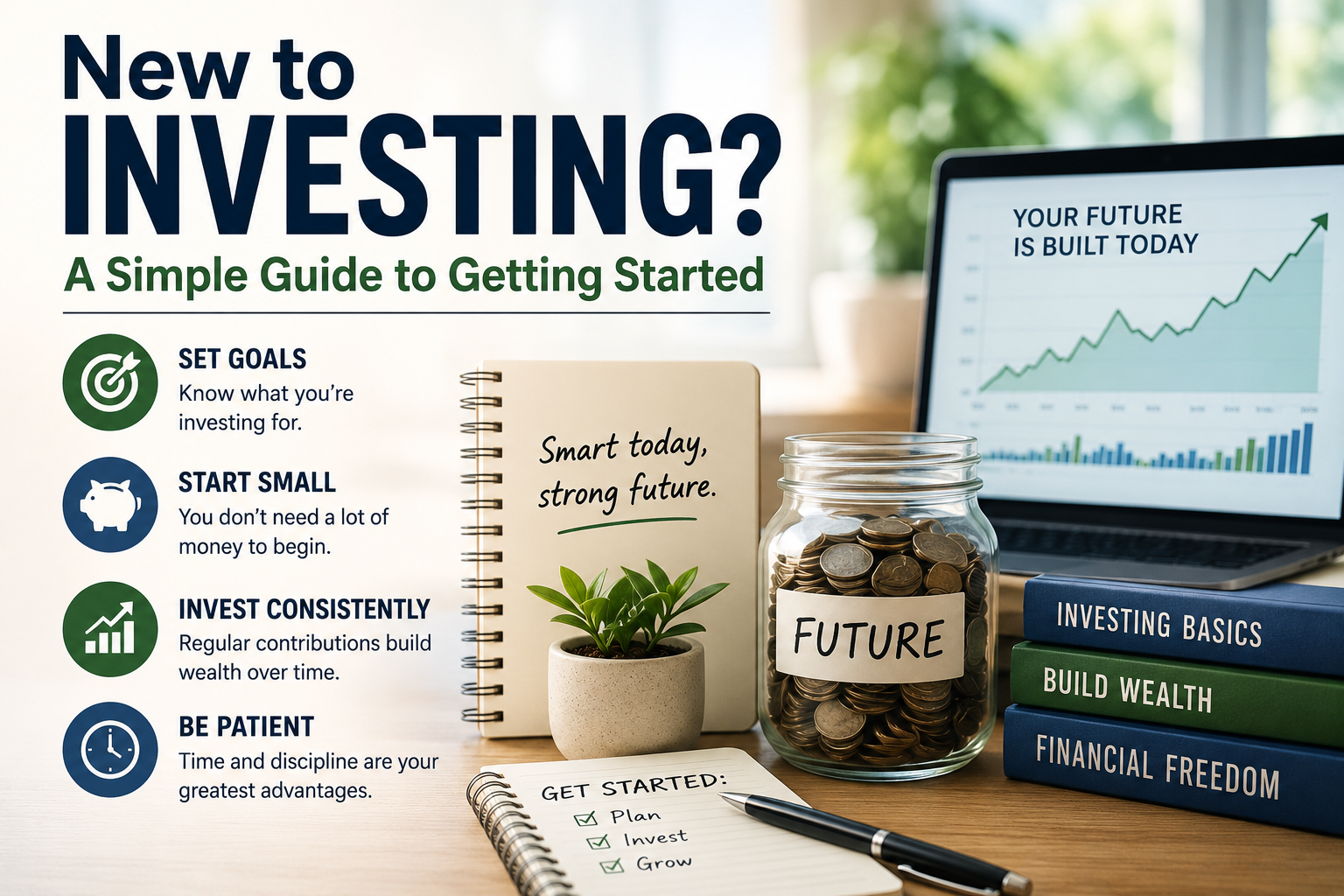 Desk with a jar labeled “Future” full of coins, notebook, plant, computer showing growth charts, and icons listing beginner investing tips—perfect for anyone seeking an approachable investing guide.