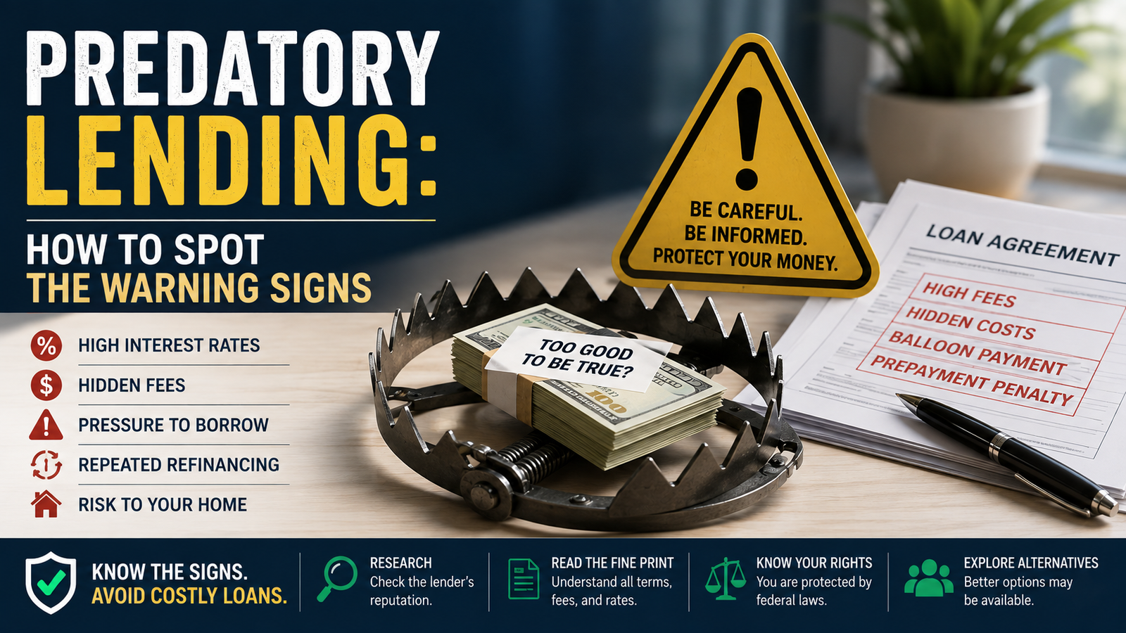 A bear trap with cash and a “Too Good to Be True?” note sits near a loan agreement and a warning sign about predatory lending risks, including high rates and hidden costs—lifting the veil on the sinister world of deceptive financial schemes.