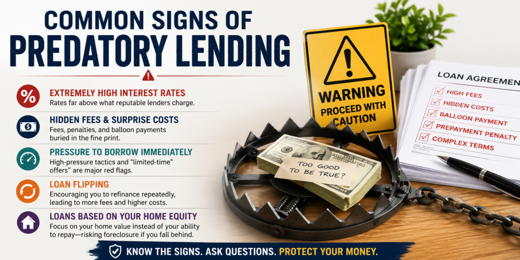 Infographic lifts the veil on the sinister world of predatory lending, listing signs such as high interest rates, hidden fees, urgent pressure, loan flipping, and risky home equity loans, all depicted with warning symbols and a bear trap holding cash. | Money Habits For Me Infographic lifts the veil on the sinister world of predatory lending, listing signs such as high interest rates, hidden fees, urgent pressure, loan flipping, and risky home equity loans, all depicted with warning symbols and a bear trap holding cash.