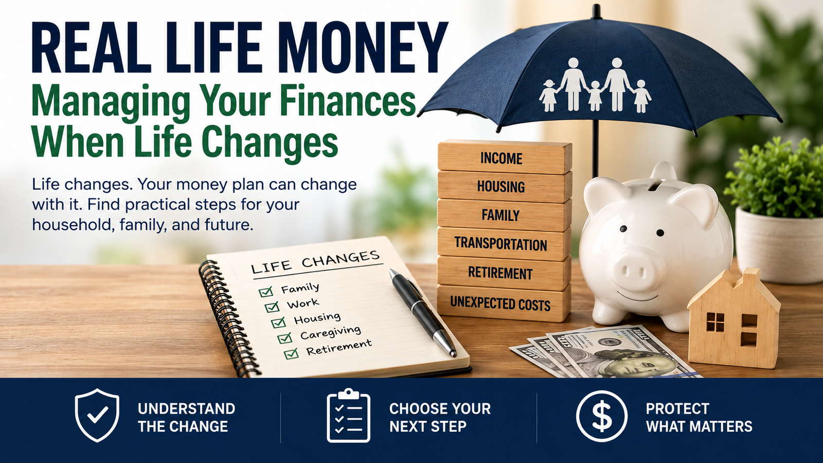 Infographic titled “Real Life Money” featuring a piggy bank under an umbrella, a list of “Life Changes,” and wooden blocks labeled with financial categories.