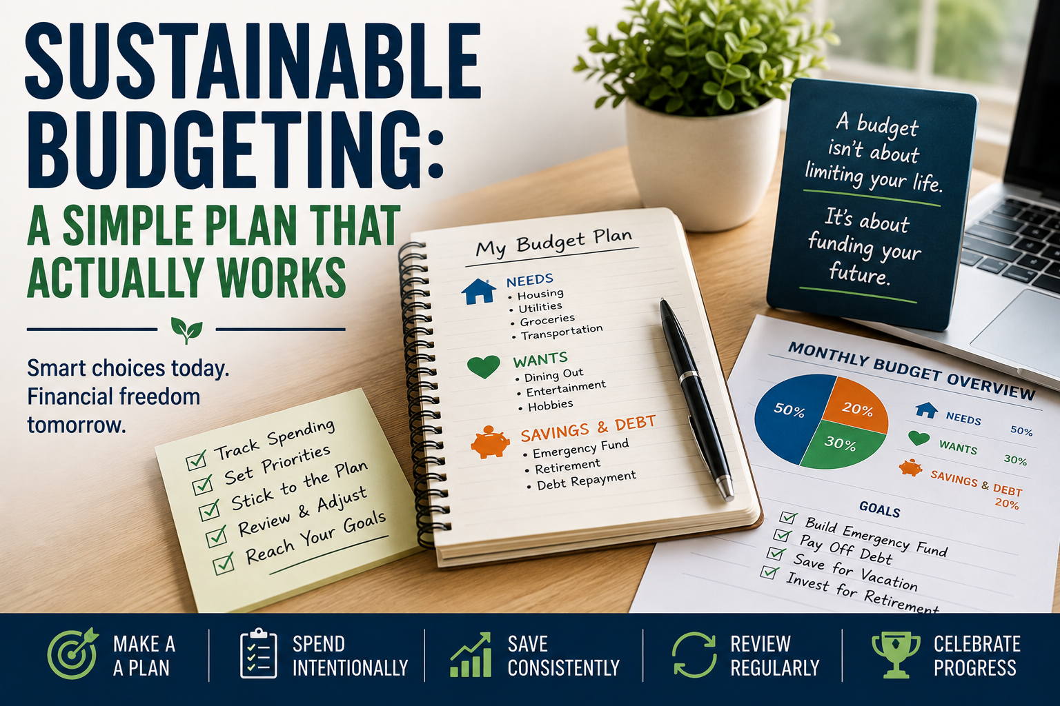 Desk with a sustainable budgeting plan, charts, a notebook listing expenses, and reminder notes about smart spending goals and savings strategies.