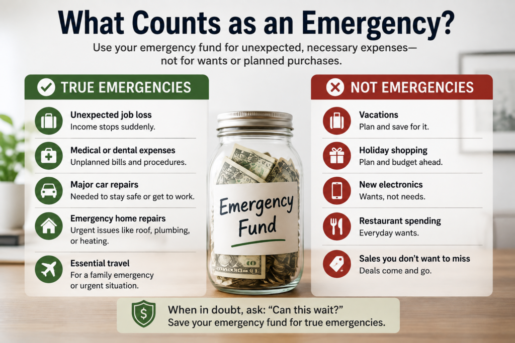 Infographic shows a jar labeled “Emergency Fund” with lists of true emergencies on the left and not emergencies on the right, highlighting when to use emergency savings for greater financial security. | Money Habits For Me Infographic shows a jar labeled “Emergency Fund” with lists of true emergencies on the left and not emergencies on the right, highlighting when to use emergency savings for greater financial security.