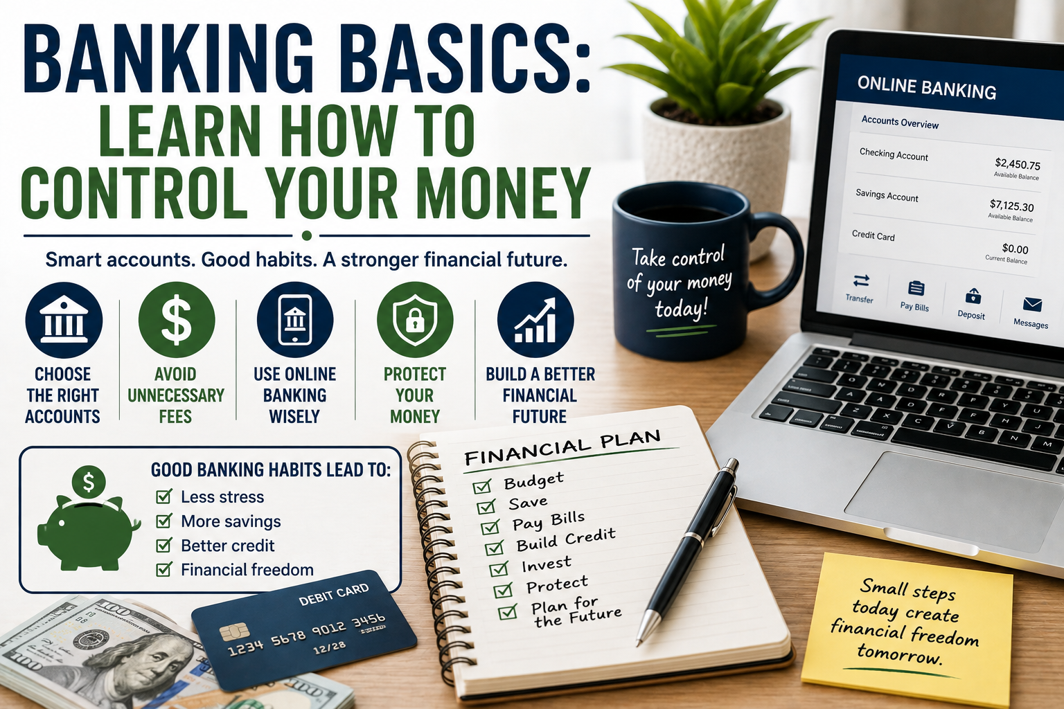 Infographic on banking basics with tips for managing money, effective banking strategies and online banking on a tablet, plus a list of good financial habits and the benefits of wealth management.