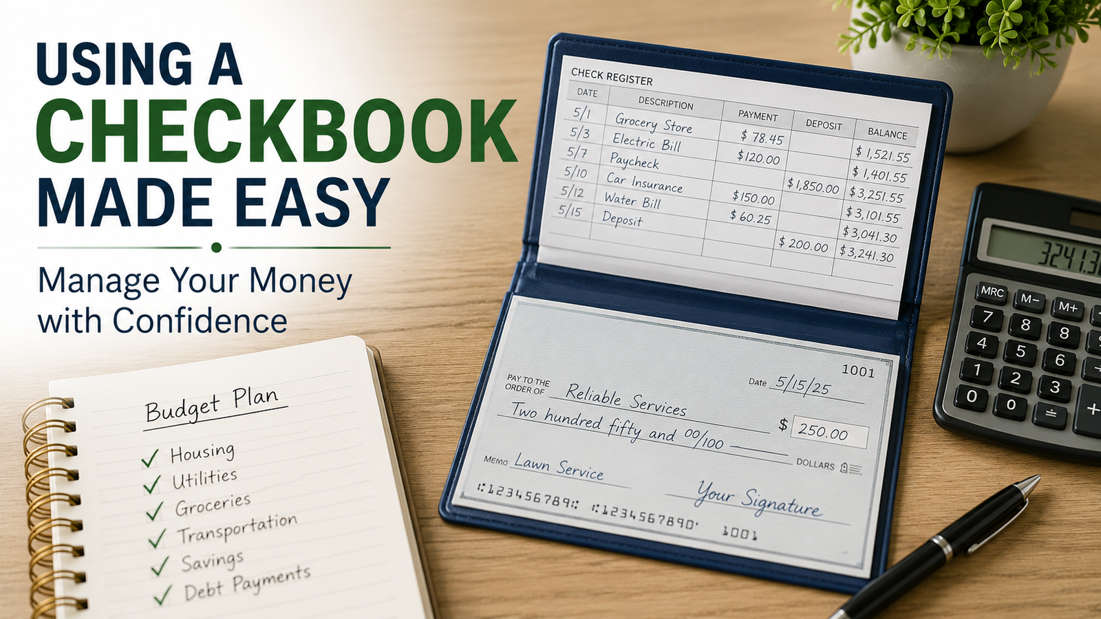 A checkbook, calculator, and pen on a desk next to a notepad with a budget plan are shown, highlighting the essentials of everyday banking, with a heading that reads, “Using a Checkbook Made Easy.”.