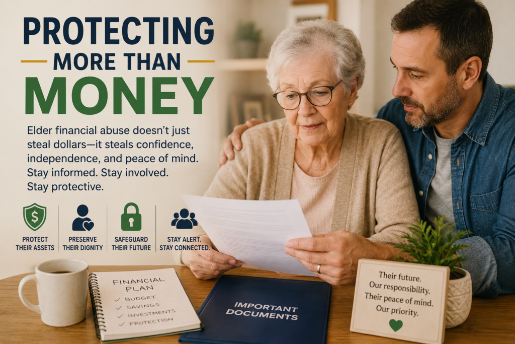 An elderly woman and a younger man review documents at a table with folders labeled “Financial Plan” and “Important Documents.” Text highlights the importance of financial abuse prevention to protect elders from exploitation and stop elder abuse.