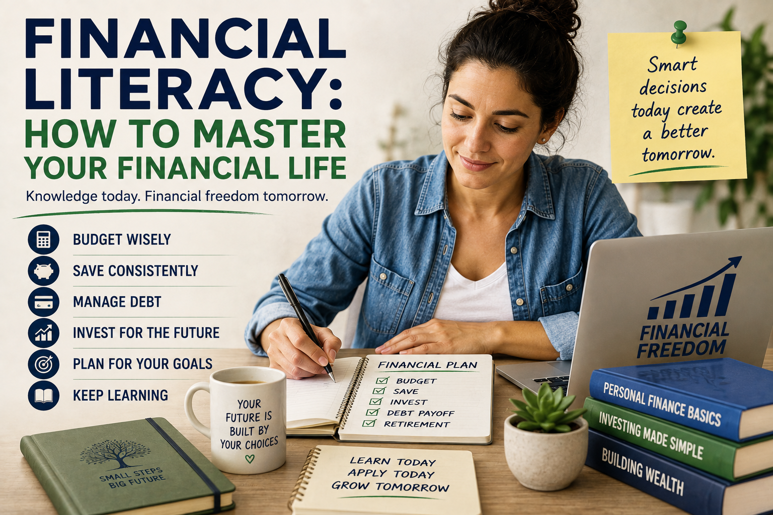 A woman sits at a desk with financial planning materials, including notebooks and charts, promoting financial literacy concepts, smart decision-making for financial freedom, and an understanding of how state laws can impact personal finance strategies.