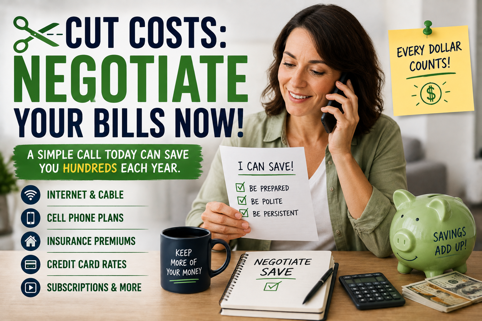 Woman on phone holding a bill and checklist, sitting at a desk with a piggy bank, calculator, and coffee mug. Text promotes how you can negotiate bills to cut costs and save money on various expenses.