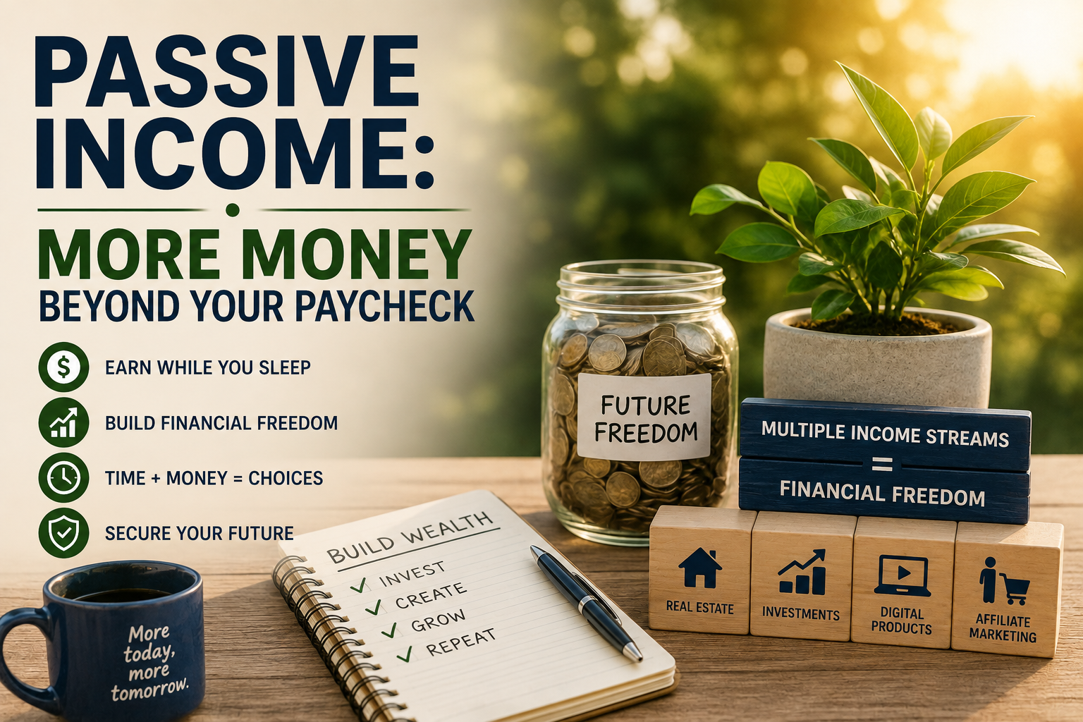 Desk with a plant, jar labeled “Future Freedom,” blocks about income streams, a mug, and notebook; text explains how to achieve secure finances through passive income and various strategies for attaining financial freedom.