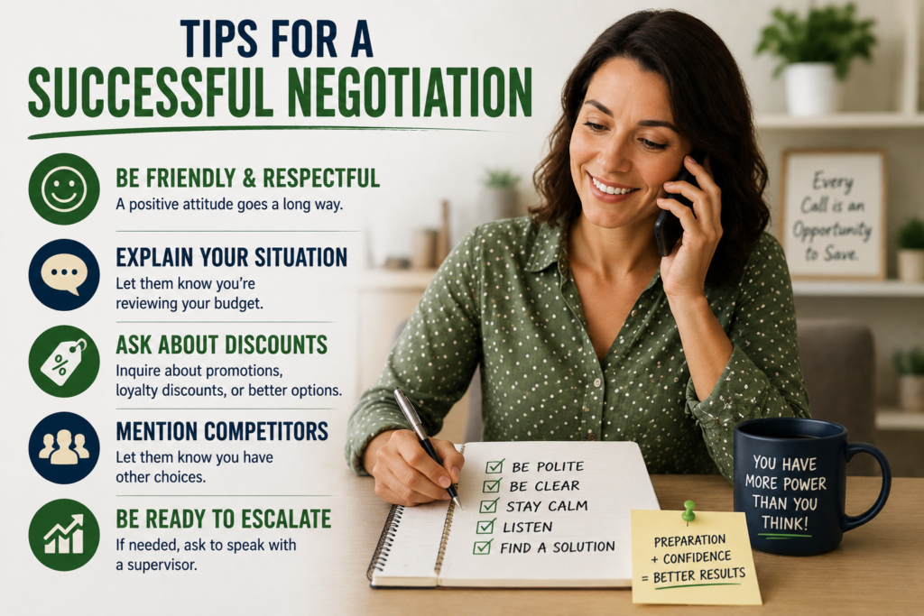 Woman talking on the phone at a desk; left side shows tips for a successful negotiation with icons and bullet points.