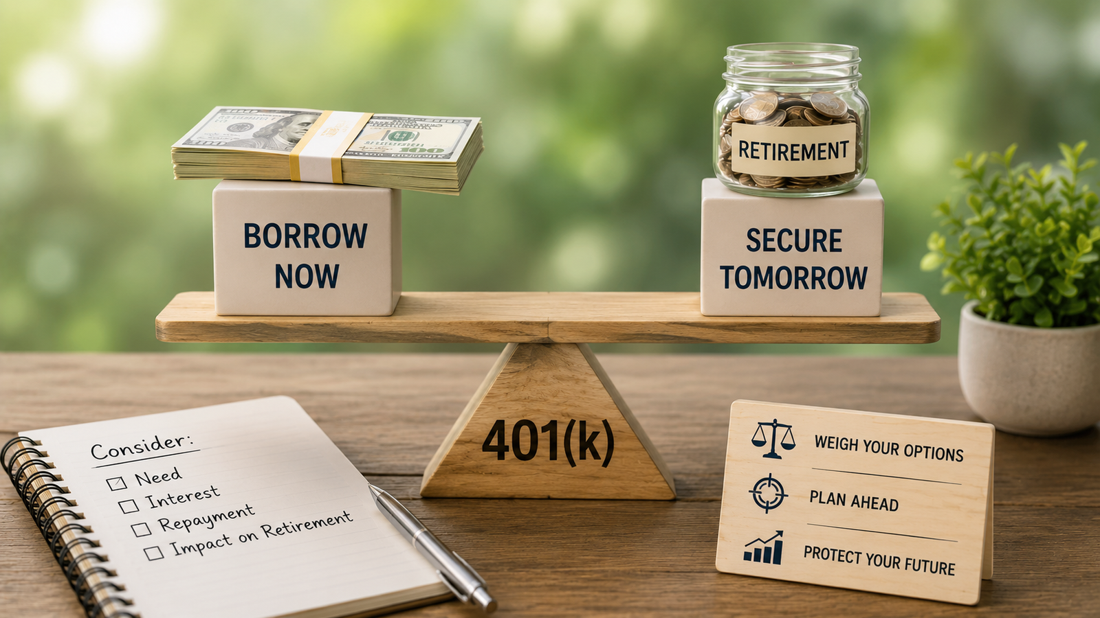 A balance scale with cash labeled “Borrow Now” and a jar labeled “Retirement” on “Secure Tomorrow” blocks, representing 401(k) loan decisions within a retirement plan; note and strategy cards included.