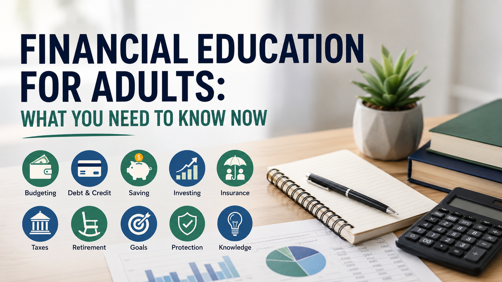 Financial education for adults poster with icons for budgeting, debt, saving, investing, insurance, taxes, retirement, goals, protection, and knowledge; a helpful financial guide to managing your money is featured alongside office supplies in the background.
