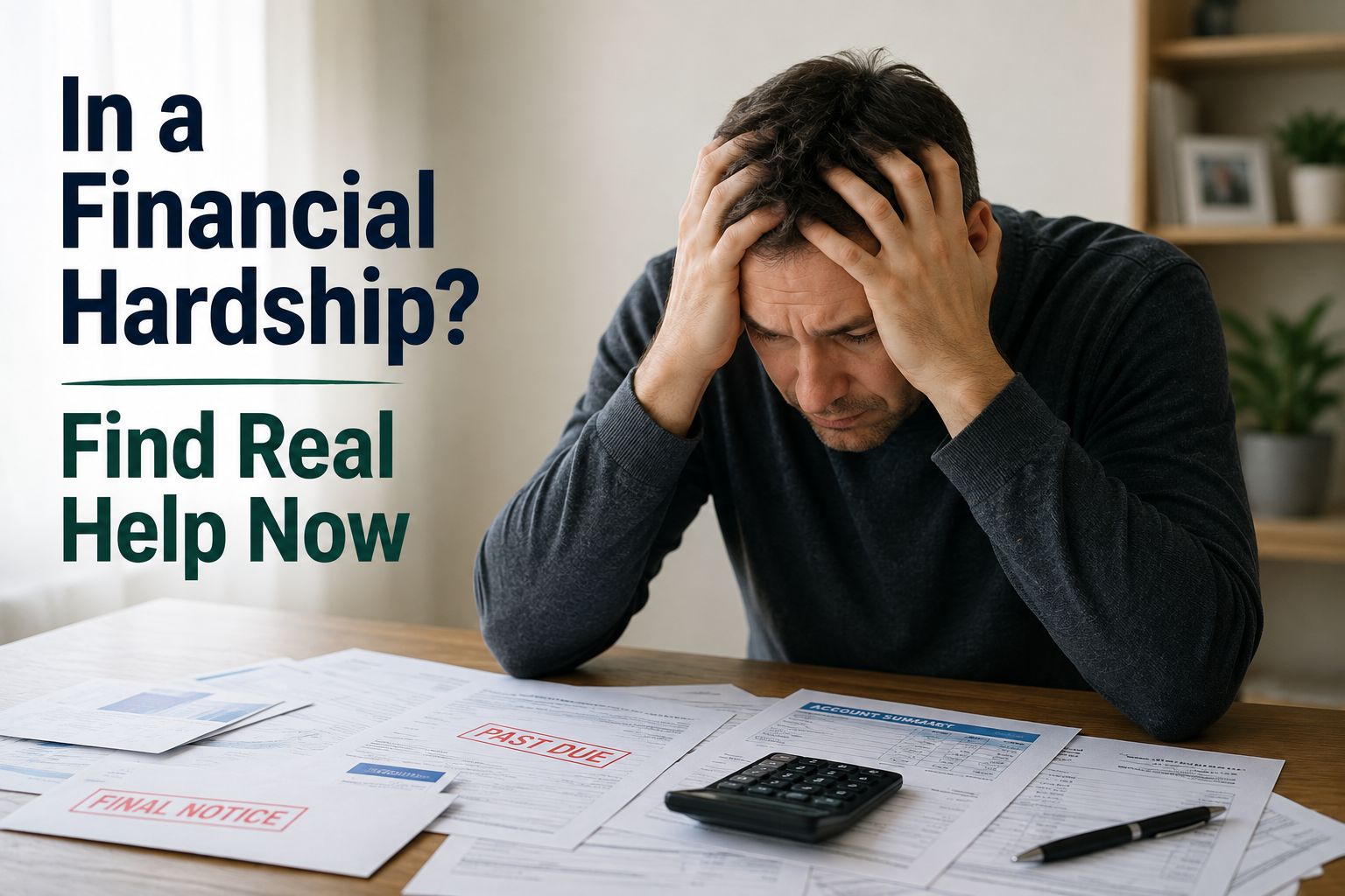 A man holds his head in his hands at a table covered with bills, a calculator, and a “FINAL NOTICE,” next to text about finding financial assistance during times of financial hardship.
