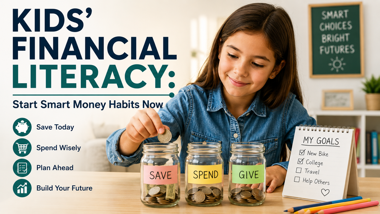 A girl places coins into labeled jarsâSave, Spend, Giveâwith a notepad listing goals like bike and college. The scene highlights Financial Literacy for Kids, promoting smart money habits and empowering children through engaging financial education.