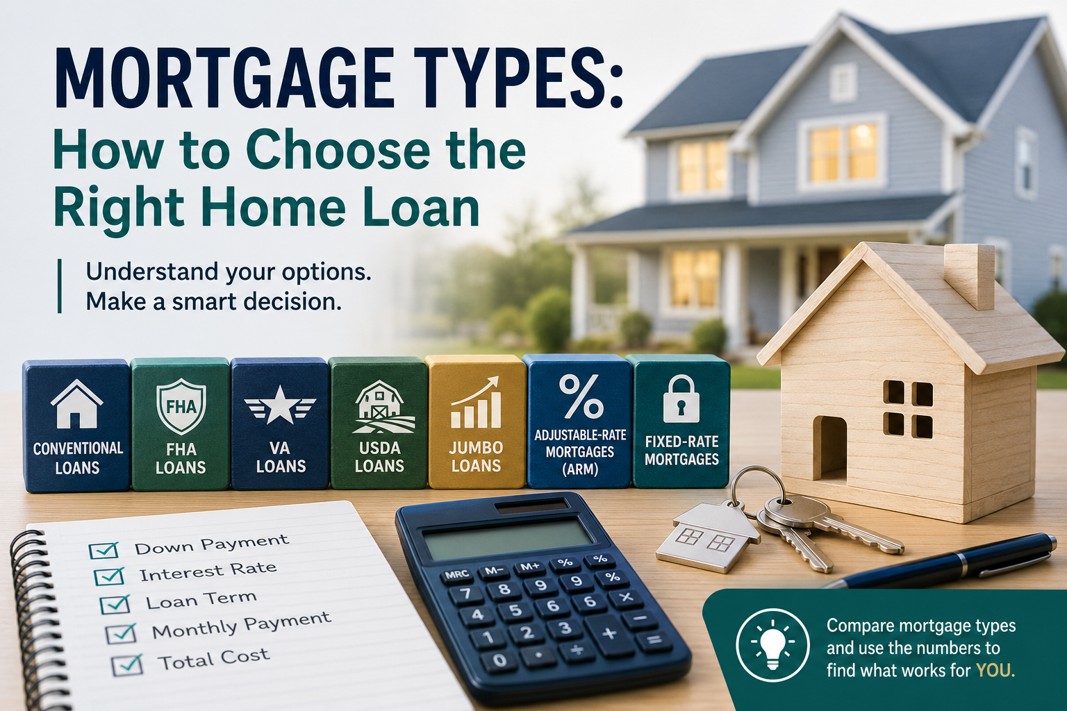 A display showing different mortgage types, including various home loans, features a wooden house model, calculator, keys, checklist, and a house in the background. Text provides advice on choosing the right mortgage for your needs.