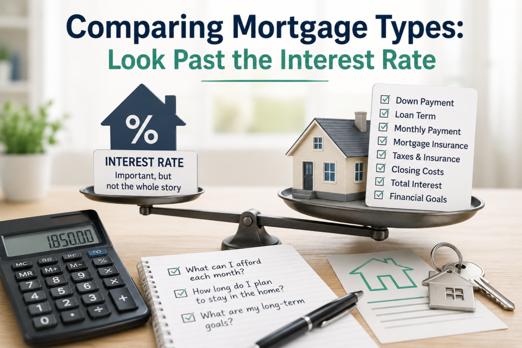 A scale balances a percent symbol and a house with mortgage factors listed; a calculator and note cards with financial questions are on the table. Text reads, “Comparing Mortgage Types: Look Past the Interest Rate,” highlighting the importance of understanding different types of mortgages when making your decision.