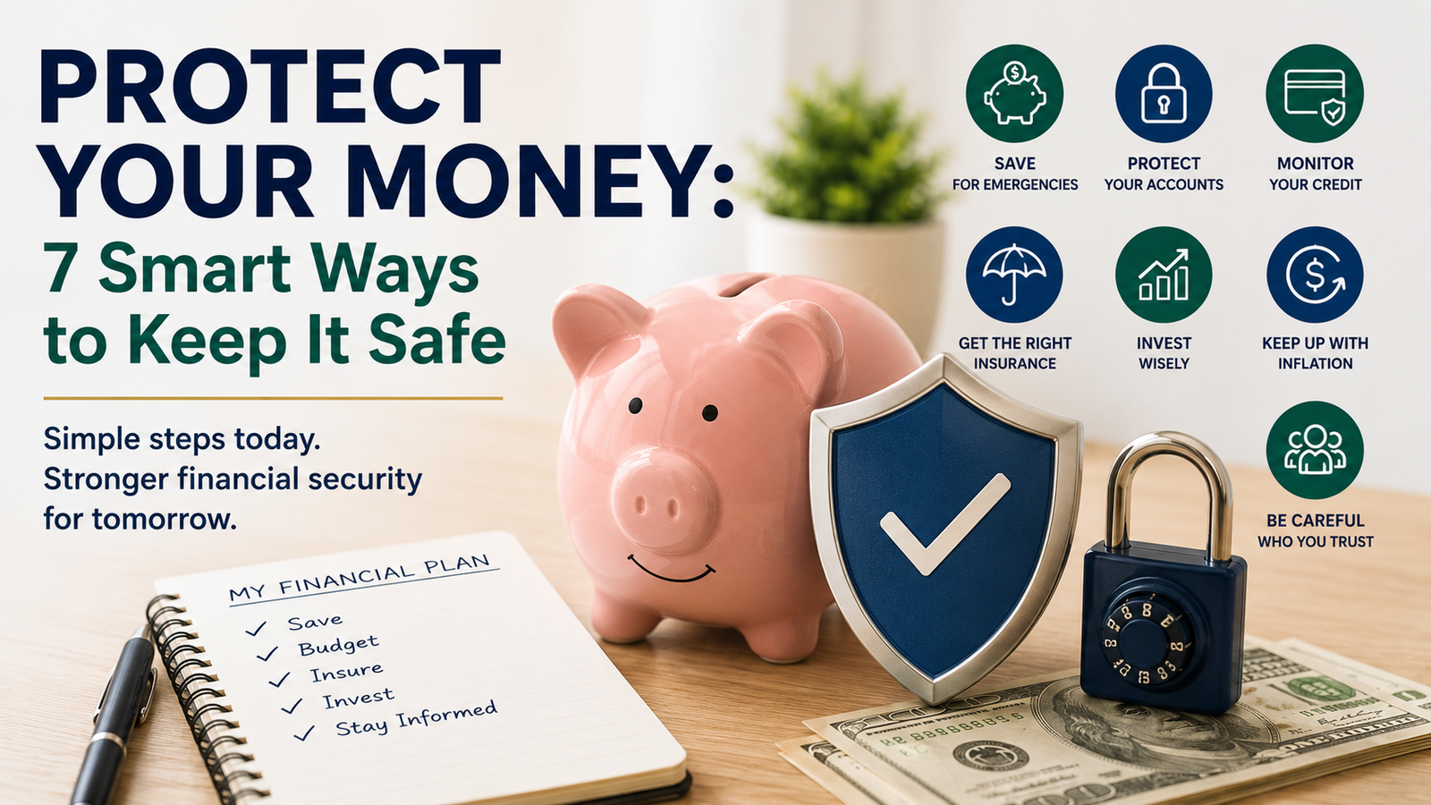 A pink piggy bank with a shield, money, and lock, surrounded by icons illustrating seven smart ways to protect your money in 2024, including savings, budgeting, and credit monitoring—essential financial tips for a secure future.