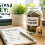 Understand Money: The Basics Everyone Should Know 3 A desk displays books, a jar labeled âFinancial Freedomâ filled with coins, wooden blocks with financial icons, and a notepad listing steps to financial successâperfect symbols of financial literacy and smart money management.