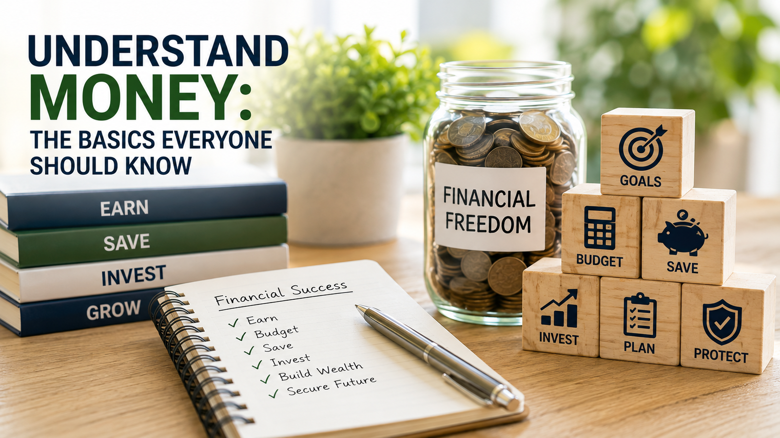 A desk displays books, a jar labeled âFinancial Freedomâ filled with coins, wooden blocks with financial icons, and a notepad listing steps to financial successâperfect symbols of financial literacy and smart money management.