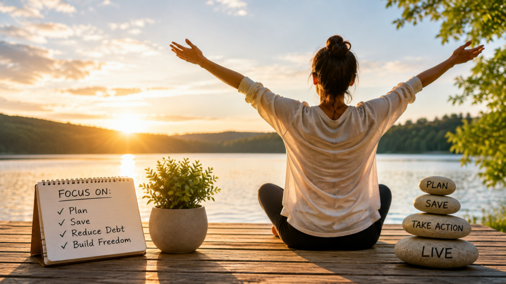 Woman sits by a lake at sunrise with arms raised, next to a checklist board and stacked stones labeled plan, save, take action, live—inviting you to start living and stop worrying about money.