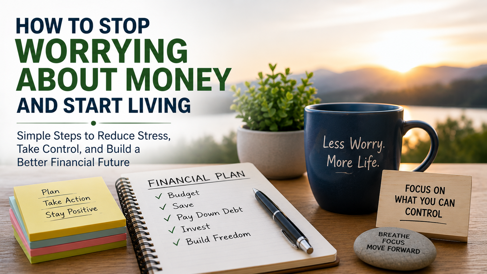 Desk with a financial planning checklist, a coffee mug labeled “Less Worry. More Life.”, and motivational signs invites you to stop worrying about money and start living, all set against the serene backdrop of a lake and mountains at sunrise.