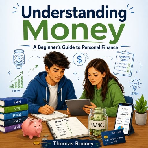 Two teens sit at a table with notebooks, piggy bank, savings jar, and financial charts, eagerly learning about budgeting and personal finance. With the help of “Understanding Money” by Thomas Rooney, they gain valuable money insight for kids as they explore smart saving strategies and build healthy financial habits.