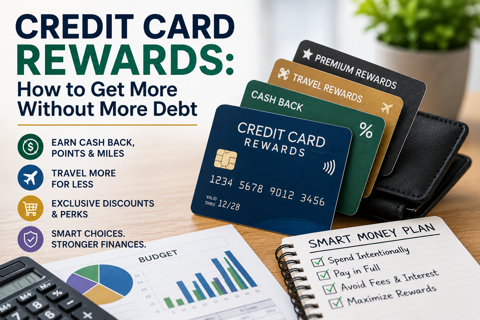 A wallet holds three credit cards labeled “Rewards” as budget charts and a smart money plan checklist appear on a desk, emphasizing tips for maximizing Credit Card Benefits with an easy-to-follow Rewards Guide.