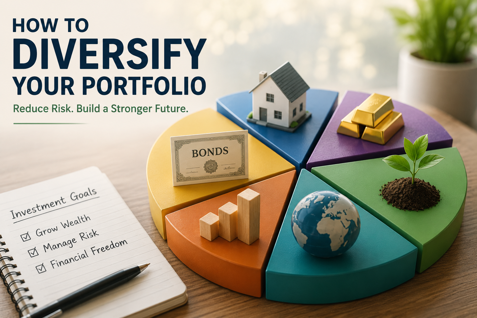 A pie chart with miniature models of a house, bonds, gold bars, and a plant illustrates how to diversify your investments. The accompanying text explains portfolio diversification and investment goals.
