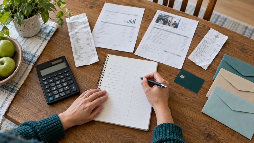 How to Make a Budget That Actually Works For You 1 A person writing in a notebook at a table, surrounded by receipts, bills, a calculator, a plant, apples, envelopes, and a bank card—carefully organizing their finances and exploring how to make a budget.