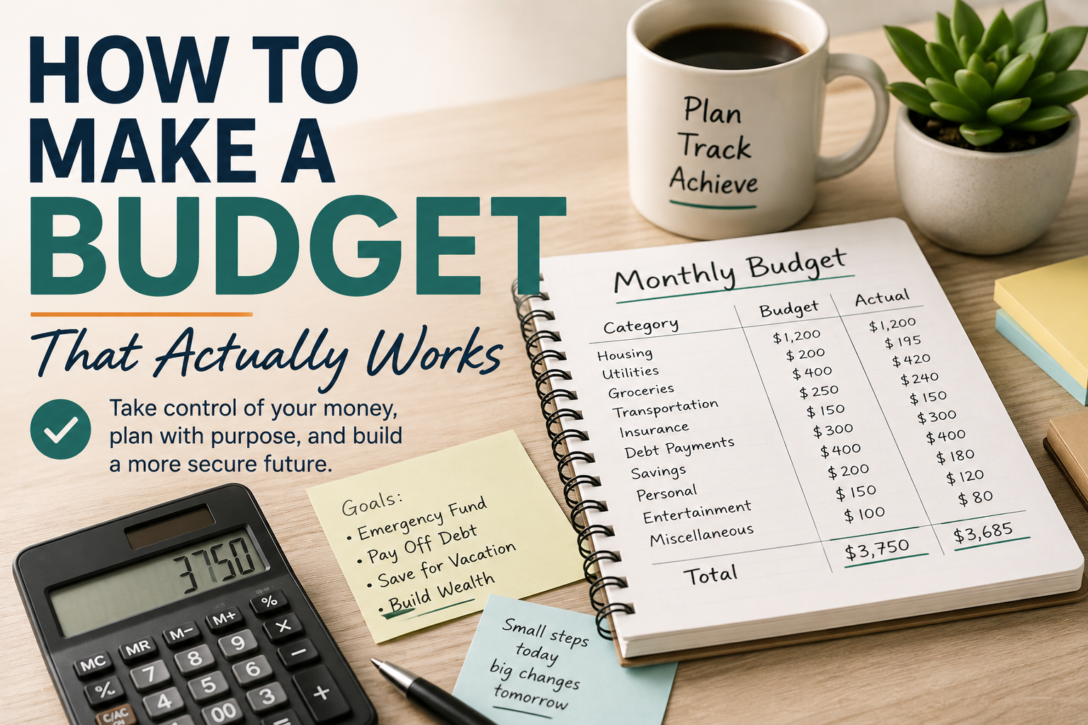 Desk with budgeting materials: a notebook showing a monthly budget, calculator, pen, coffee mug labeled “Plan Track Achieve,” plant, and cards with financial goals and budget tips, all set on a light wooden surface.
