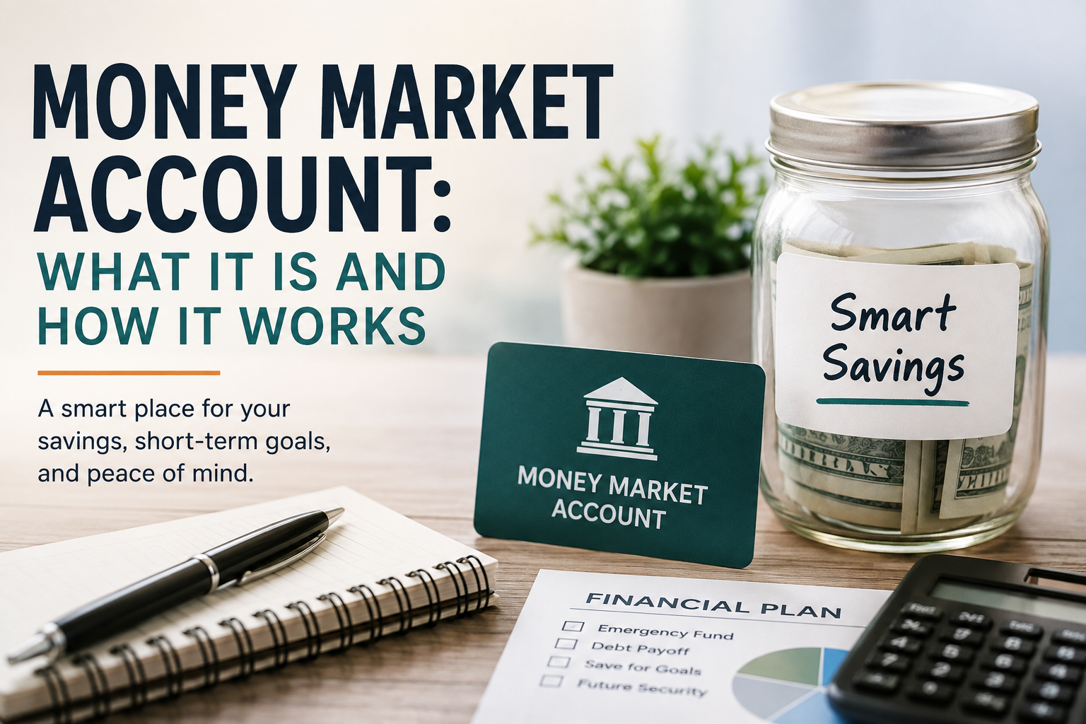 A jar labeled “Smart Savings” filled with cash, a Money Market Account card, a pen, notebook, financial plan chart, and calculator on a desk promoting the benefits of money market accounts.