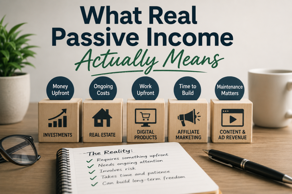 Wooden blocks labeled with types of real passive income and key considerations; a notepad lists reality checks about passive wealth, including risk, upfront work, time, and ongoing attention.