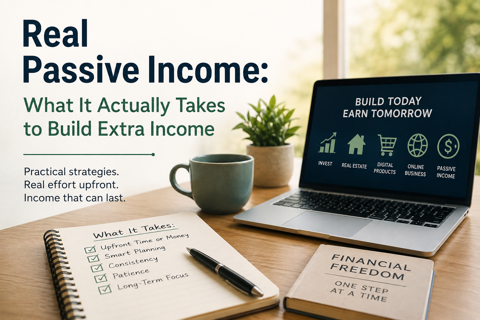 A laptop on a desk shows passive income options, highlighting strategies for building Passive Wealth. Nearby are a notepad titled “Financial Freedom,” a coffee cup, a plant, and notes listing keys to building extra income.