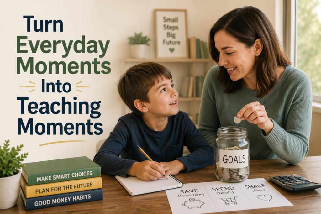 A woman and a young boy work on a financial goals activity at a table, with books and a jar labeled “Goals” beside them. Text reads: “Turn Everyday Moments Into Teaching Kids Moments.” This scene highlights how Money Insight for Teaching Kids can seamlessly fit into daily routines.