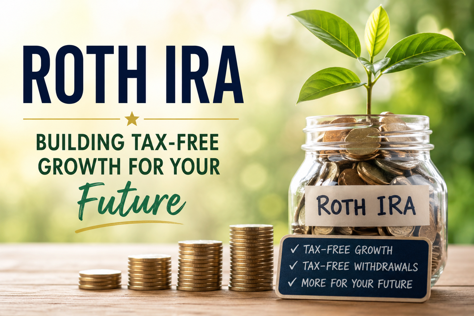 A jar labeled “Roth IRA” filled with coins and a plant beside stacked coins symbolizes the power of a Roth IRA, highlighting tax-free growth, penalty-free withdrawals, and future benefits for your financial well-being.