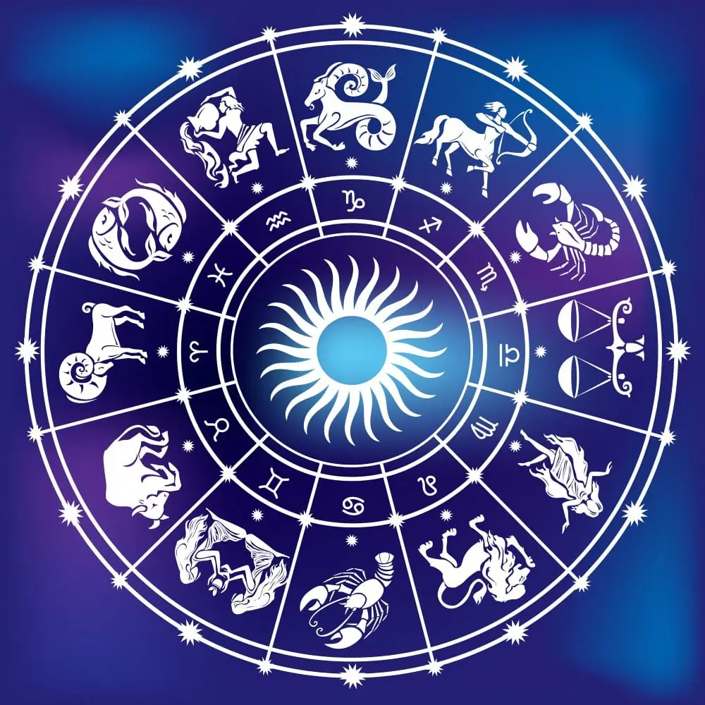 Zodiac wheel with symbols and constellations against a blue gradient background with a central sun icon, offering astrology-based wealth guidance.