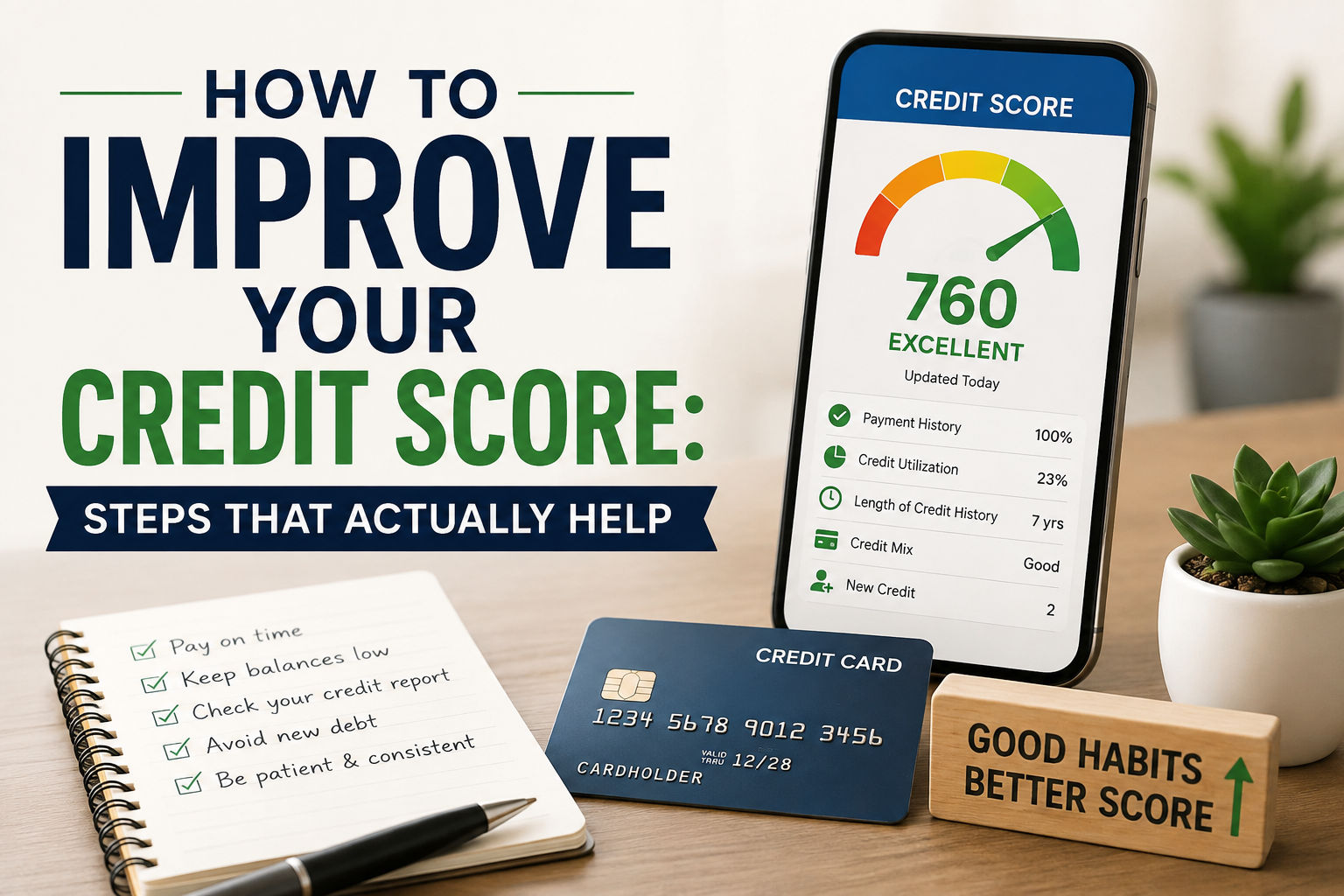A smartphone displays a credit score of 760. Nearby, a credit card, notepad with credit tips, and a sign reading “Good Habits, Better Score” sit on the desk. Text reads: How to Improve Your Credit Score.