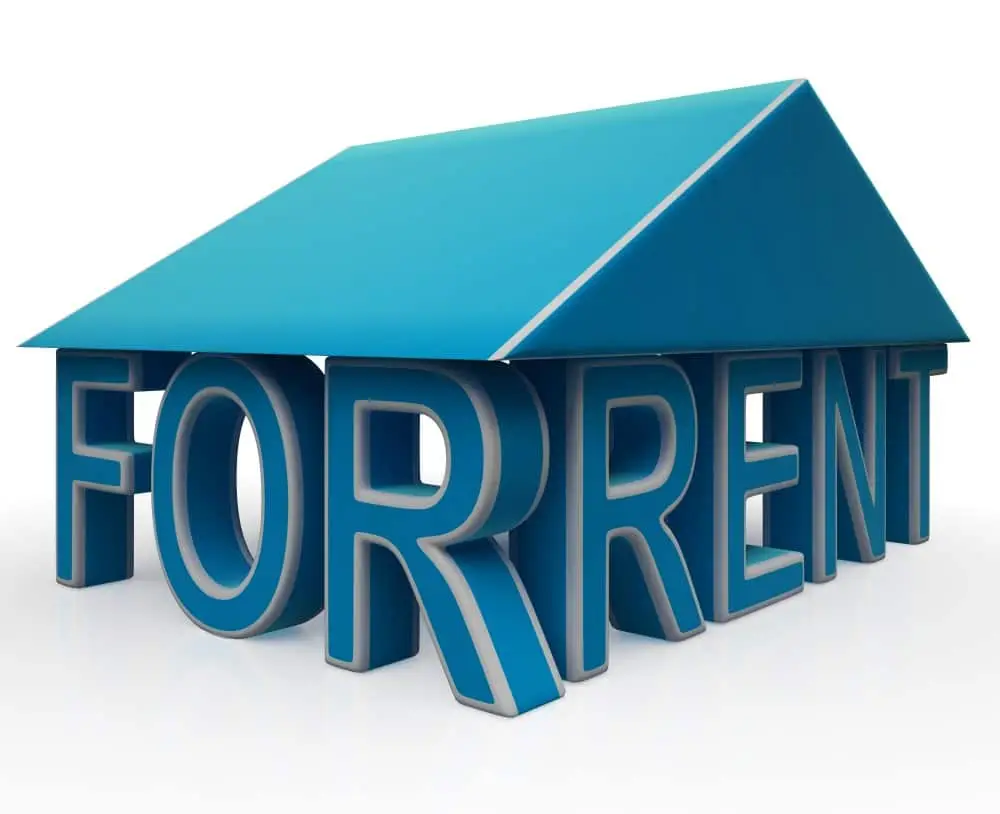 3d illustration of a blue house-shaped structure with the words "for rent" under the roof, showcasing an investment rental property.