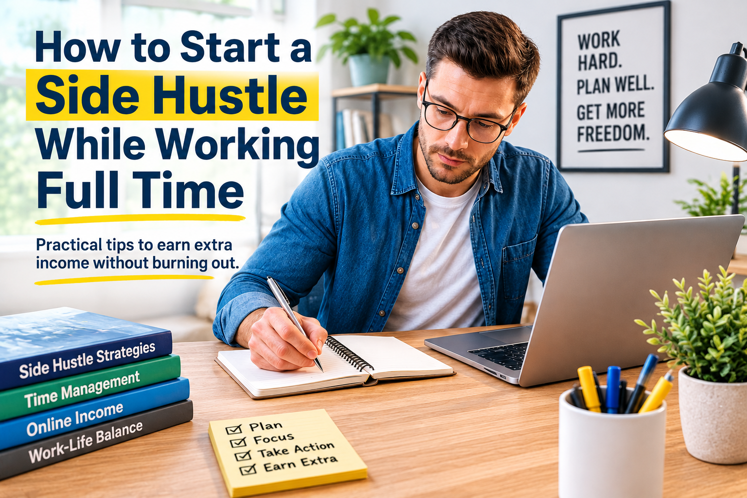 Man taking notes at a desk with laptop, notebooks, and motivational posters, focused on side hustle strategies and effective time management.
