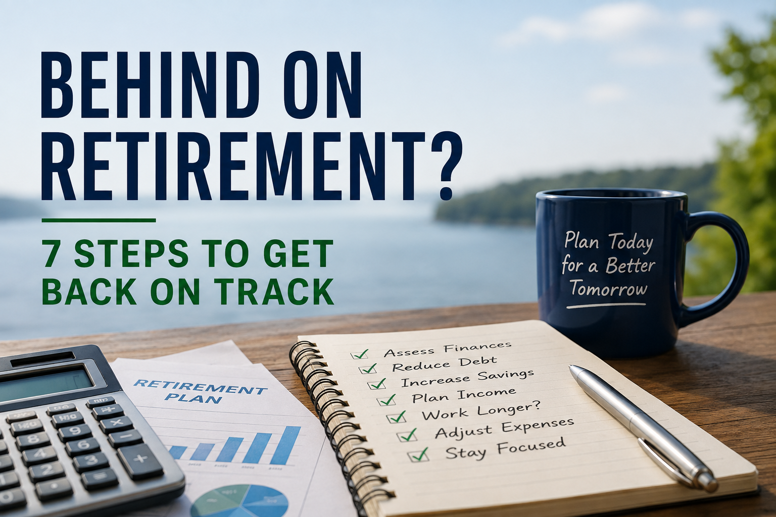 Behind on Retirement checklist for retirement planning sits next to a calculator, graphs illustrating retirement finances, and a coffee mug with “Plan Today for a Better Tomorrow,” overlooking a lake.
