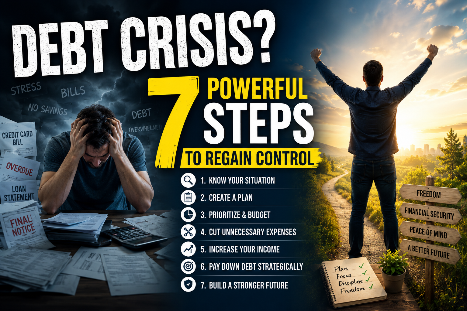 A stressed man burdened by debt and bills sits on the left, while a man stands in sunlight on the right. Text reads “Debt Crisis? 7 Powerful Steps to Regain Control” with a list of seven financial steps.