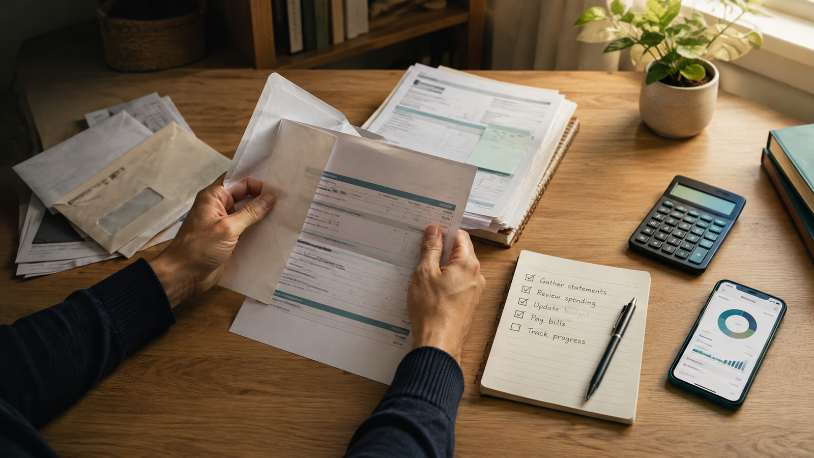 Person reviewing statements at a desk with paperwork, a calculator, a phone showing a chart, and a notepad listing financial tasks—proving it pays not ignoring your finances. Sunlight comes through a nearby window.