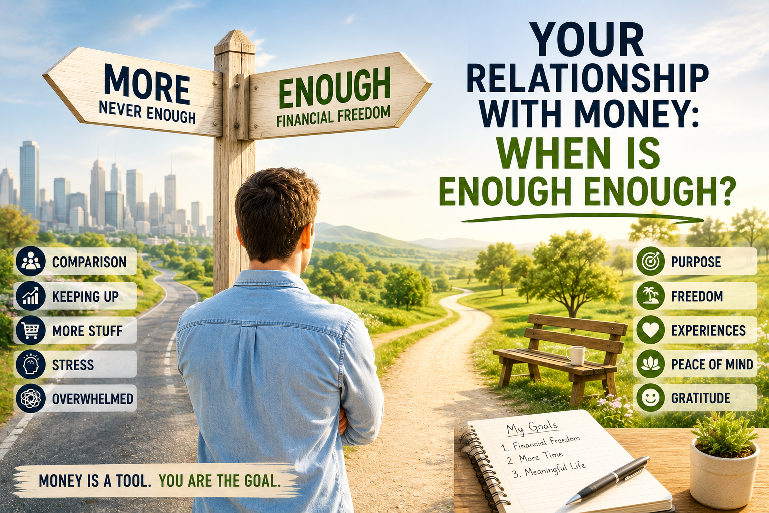 A man stands at a crossroads with signs for “More” and “Enough” financial freedom, surrounded by lists relating to money mania, freedom, stress, and personal goals.
